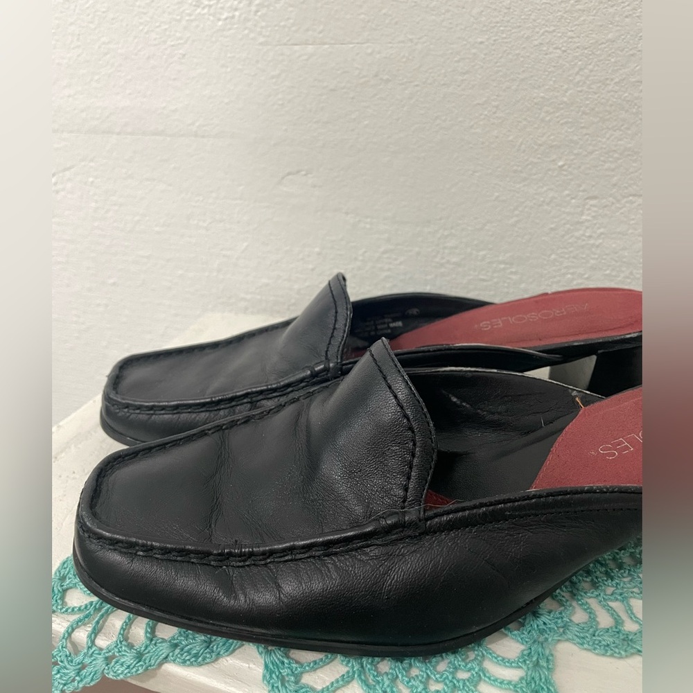 AEROSOLES Black Leather Slip-On Mules with Red Insoles
